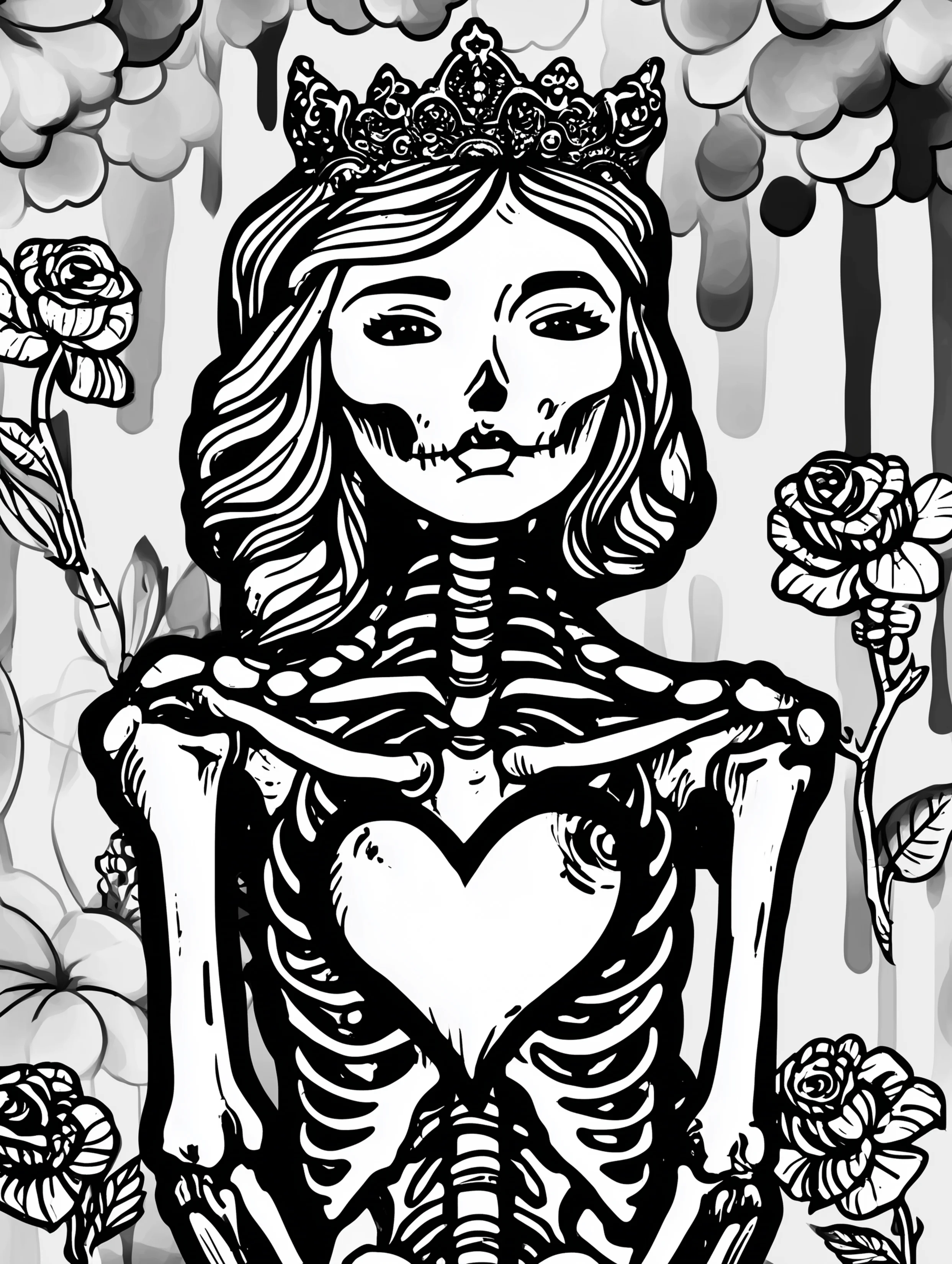Free printable queen coloring page for adults featuring a skeleton queen with heart symbolism